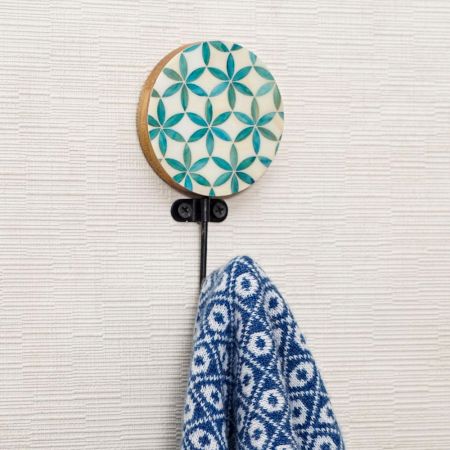Green Floral Pattern Round Wood and Resin Wall Hook